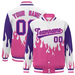 White Pink-Purple Flame Graffiti Varsity Full-Snap Bomber Jacket