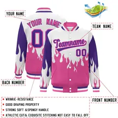 White Pink-Purple Flame Graffiti Varsity Full-Snap Bomber Jacket 2