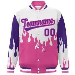 White Pink-Purple Flame Graffiti Varsity Full-Snap Bomber Jacket 3