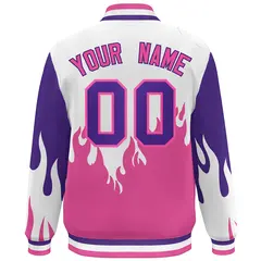 White Pink-Purple Flame Graffiti Varsity Full-Snap Bomber Jacket 4