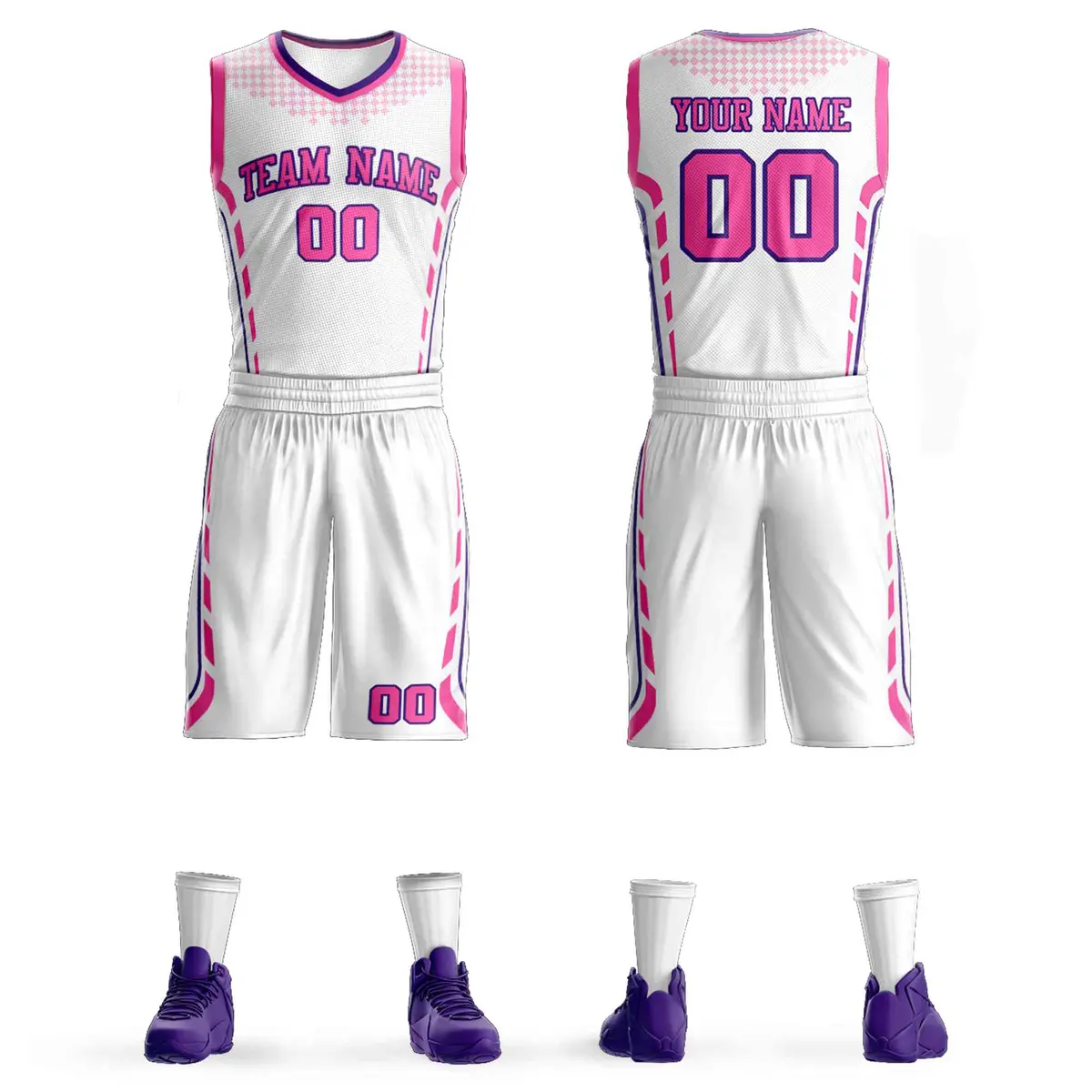 White Pink-Purple Graffiti Oblique Bar Basketball Jersey