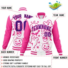 White Pink Purple Halloween Bats Pumpkins Ghost Letterman Jacket