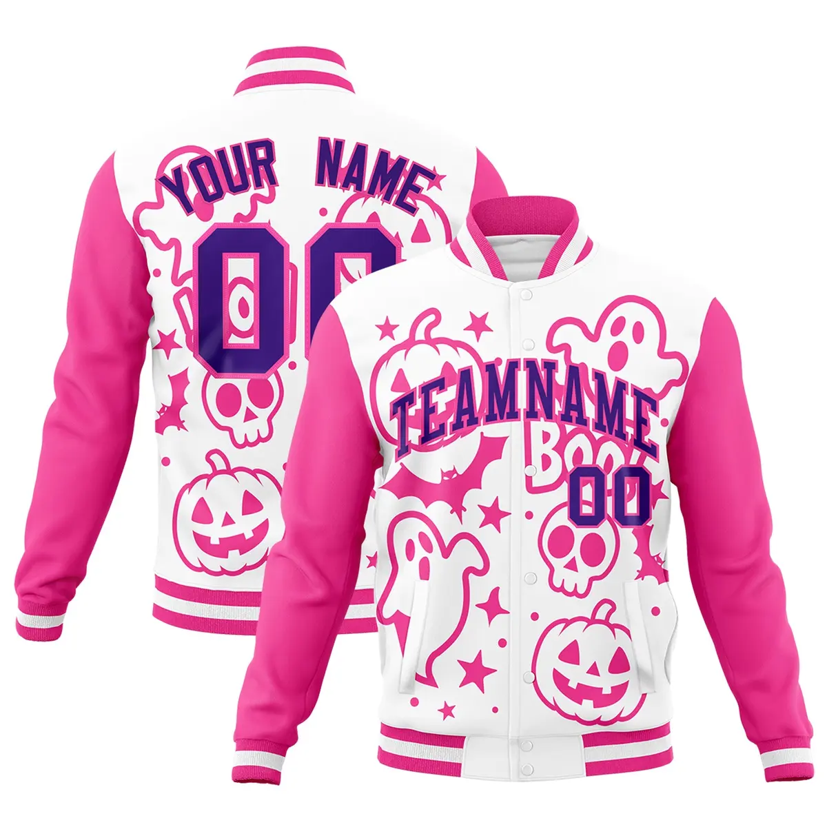 White Pink Purple Halloween Bats Pumpkins Ghost Letterman Jacket