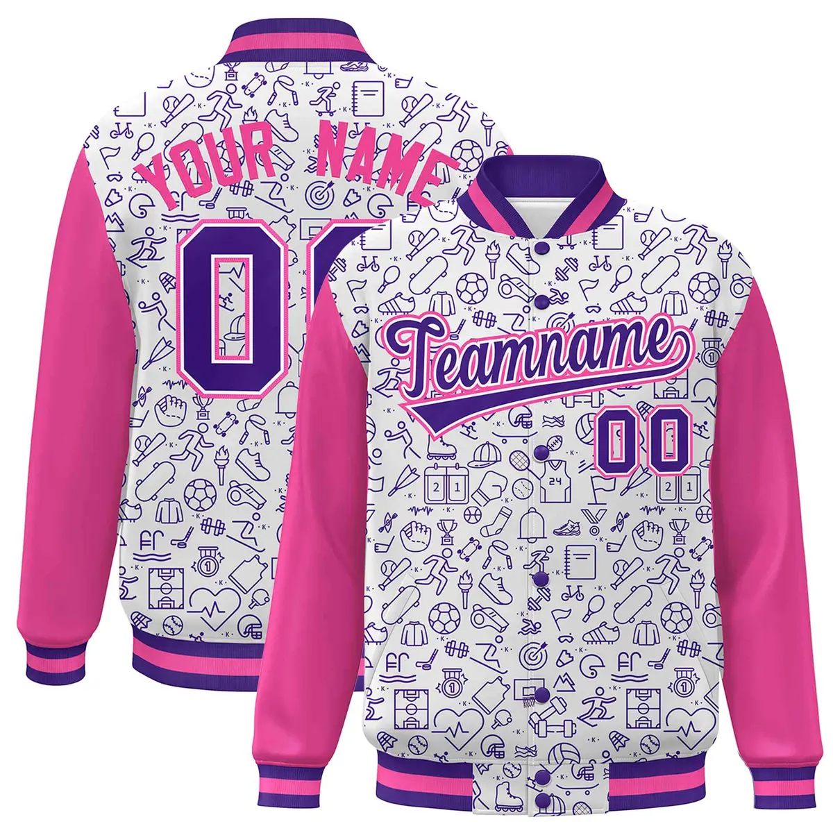 White Pink-Purple Line Graffiti Varsity Raglan Letterman Jacket