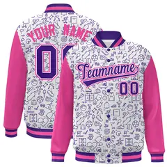White Pink-Purple Line Graffiti Varsity Raglan Letterman Jacket