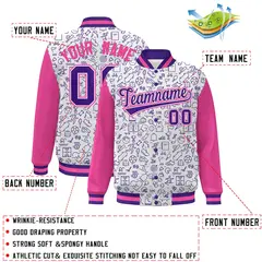 White Pink-Purple Line Graffiti Varsity Raglan Letterman Jacket 2