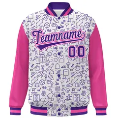 White Pink-Purple Line Graffiti Varsity Raglan Letterman Jacket 3