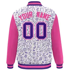 White Pink-Purple Line Graffiti Varsity Raglan Letterman Jacket 4