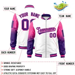 White Pink-Purple Raglan Gradient Full-Zip Varsity Letterman Bomber Jacket 2