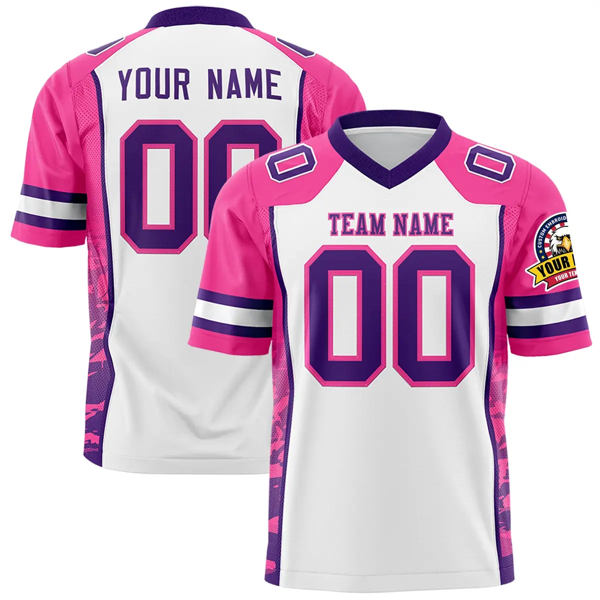 White Pink-Purple Raglan Side Pattern Football Jersey