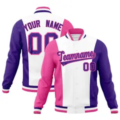 White Pink Purple Three-Color Block Varsity Letterman Jacket