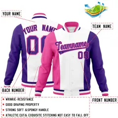White Pink Purple Three-Color Block Varsity Letterman Jacket 2