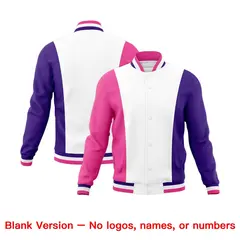 White Pink Purple Three-Color Block Varsity Letterman Jacket 7