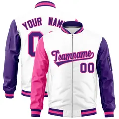 White Pink Purple Varsity Letterman Bomber Jacket Full-Zip Raglan 1