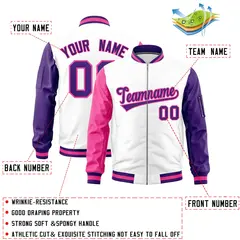White Pink Purple Varsity Letterman Bomber Jacket Full-Zip Raglan 2