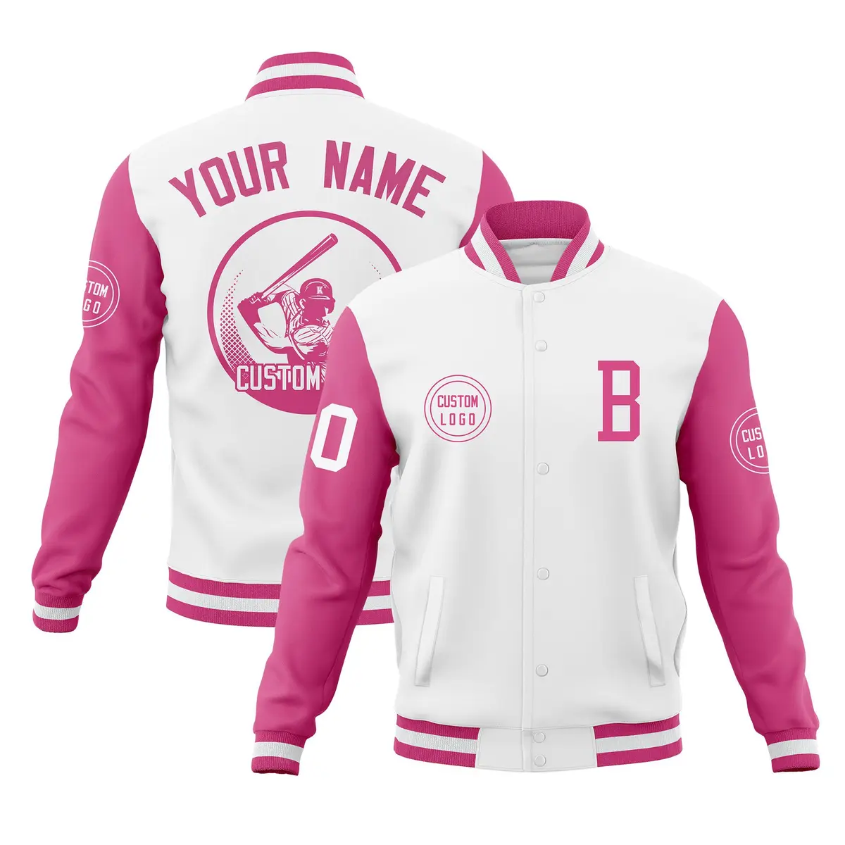 White Pink Raglan Full-Snap Varsity Letterman Baseball Jacket