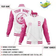 White Pink Raglan Full-Snap Varsity Letterman Baseball Jacket 4