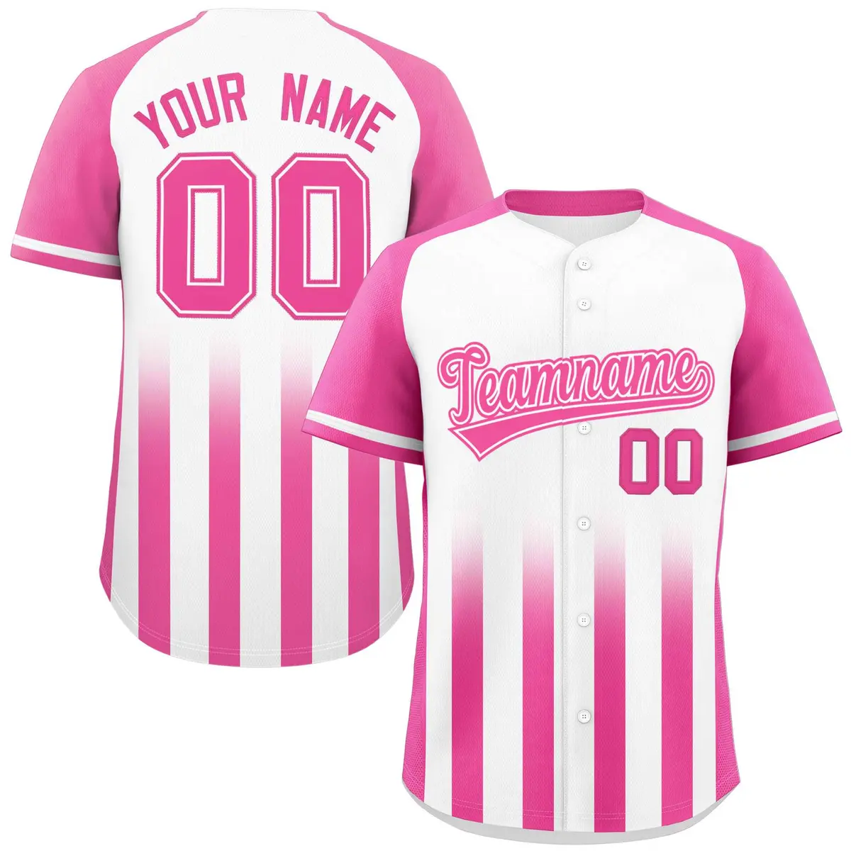 White Pink Raglan Gradient Thick Stripe Baseball Jersey