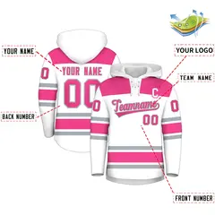 White Pink Raglan Lace-Up Neck Hockey Hoodie Jersey 2