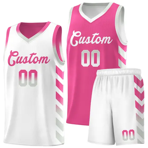 White Pink Reversible Basketball Kits - Side Arrow Pink Gray Gradient