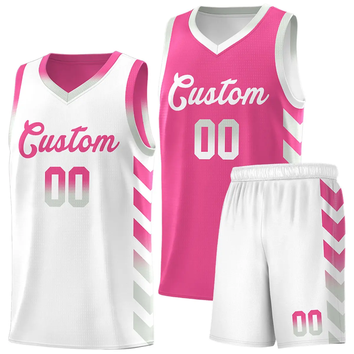 White Pink Reversible Basketball Kits - Side Arrow Pink Gray Gradient