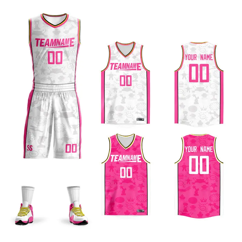 White Pink Reversible Double Side Basketball Jersey