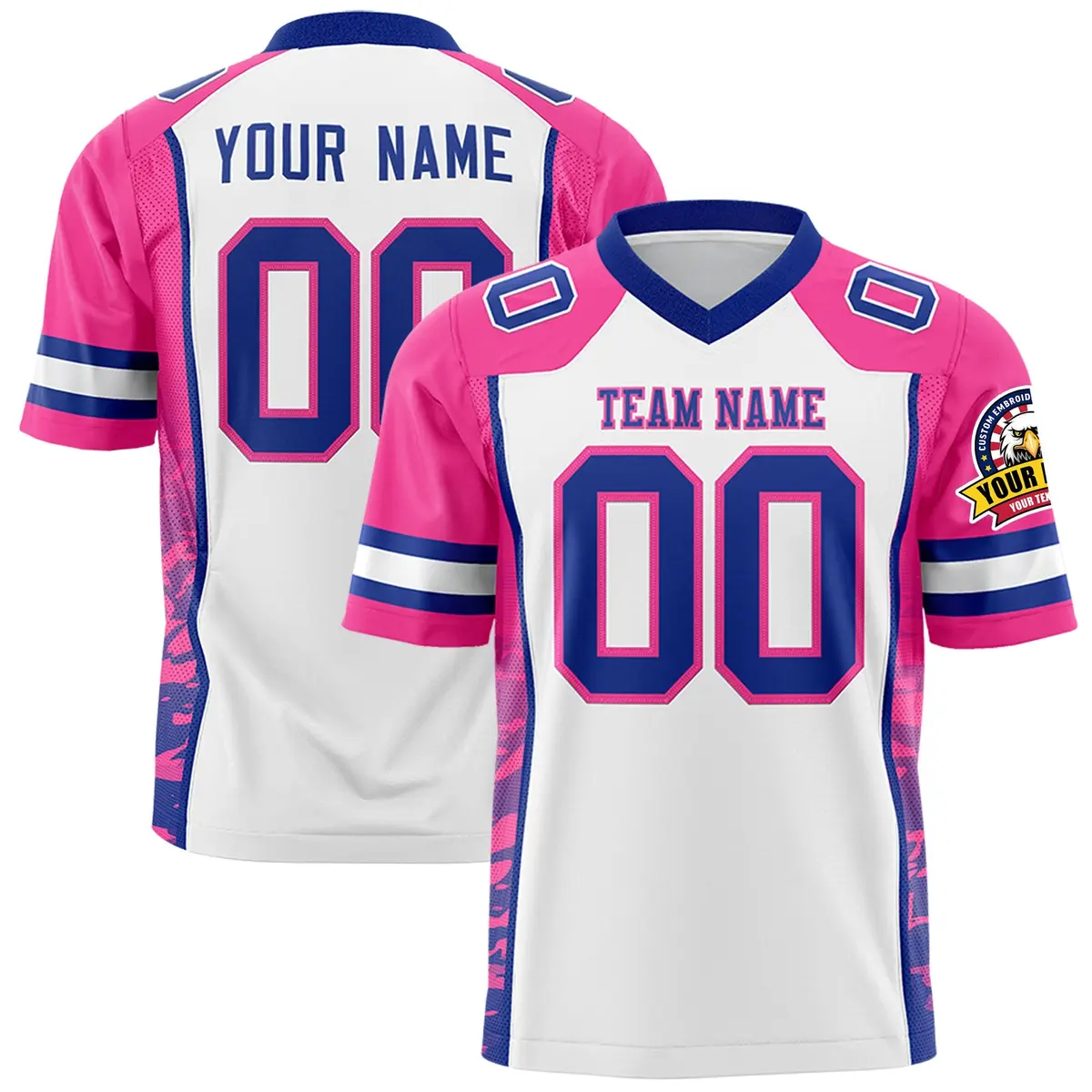 White Pink-Royal Raglan Side Pattern Football Jersey
