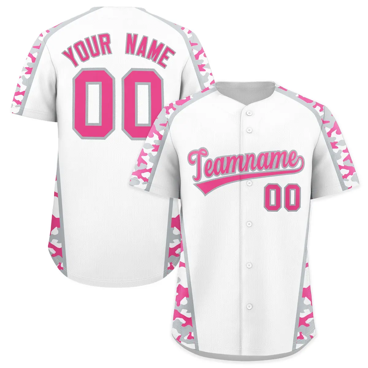 White Pink Side Camo Baseball Jersey