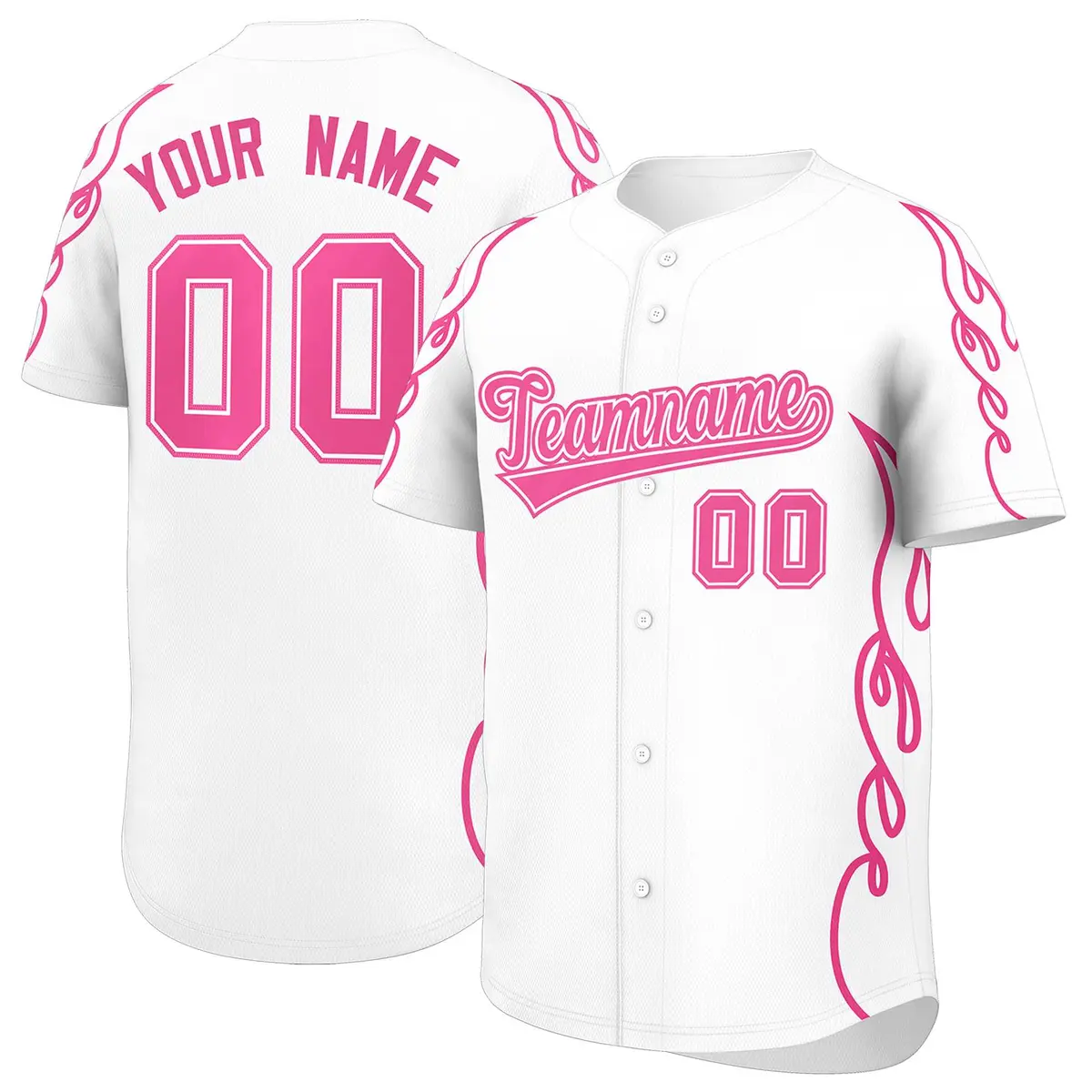 White Pink Side Flame Outline Baseball Jersey
