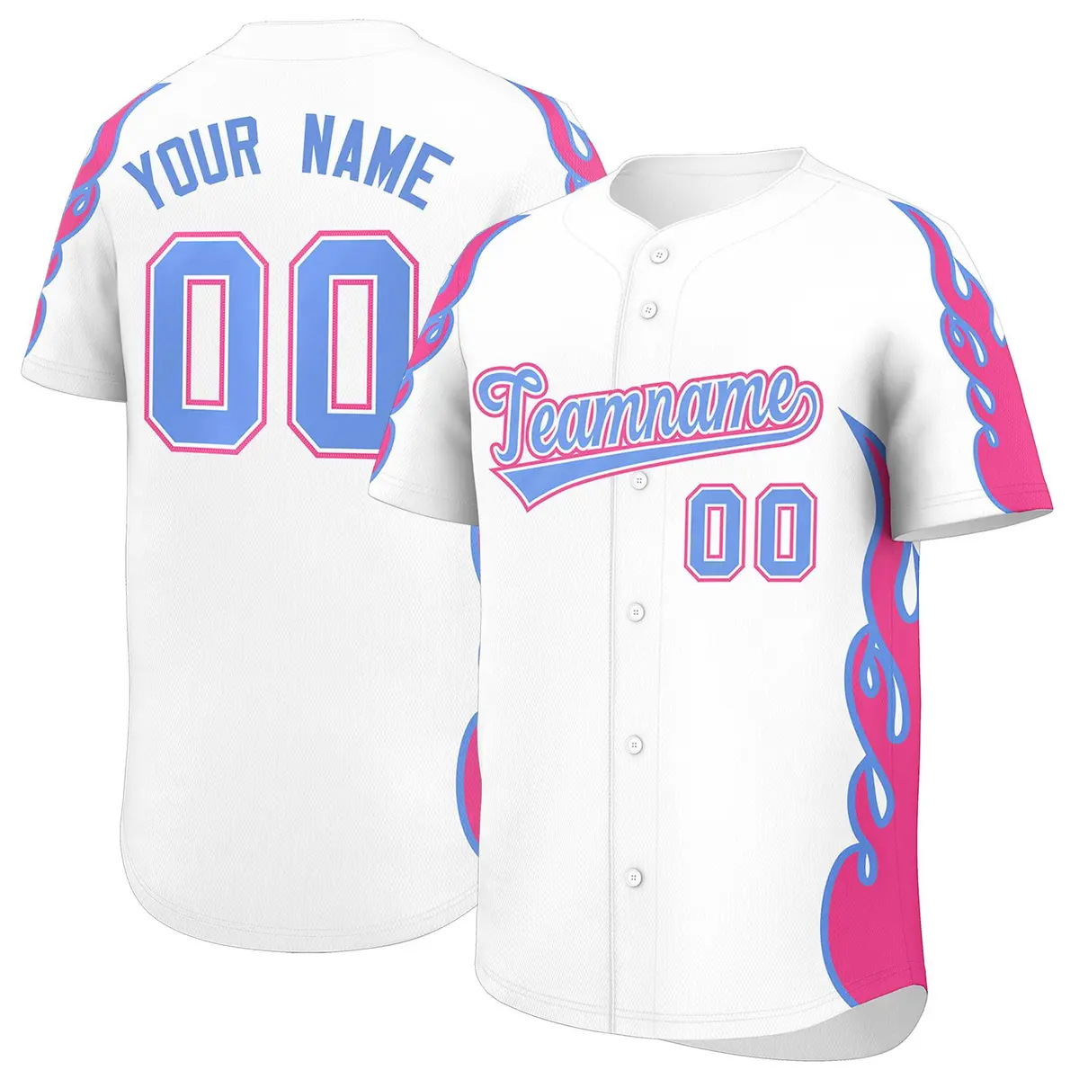 White Pink Side Flame Outline Baseball Jersey
