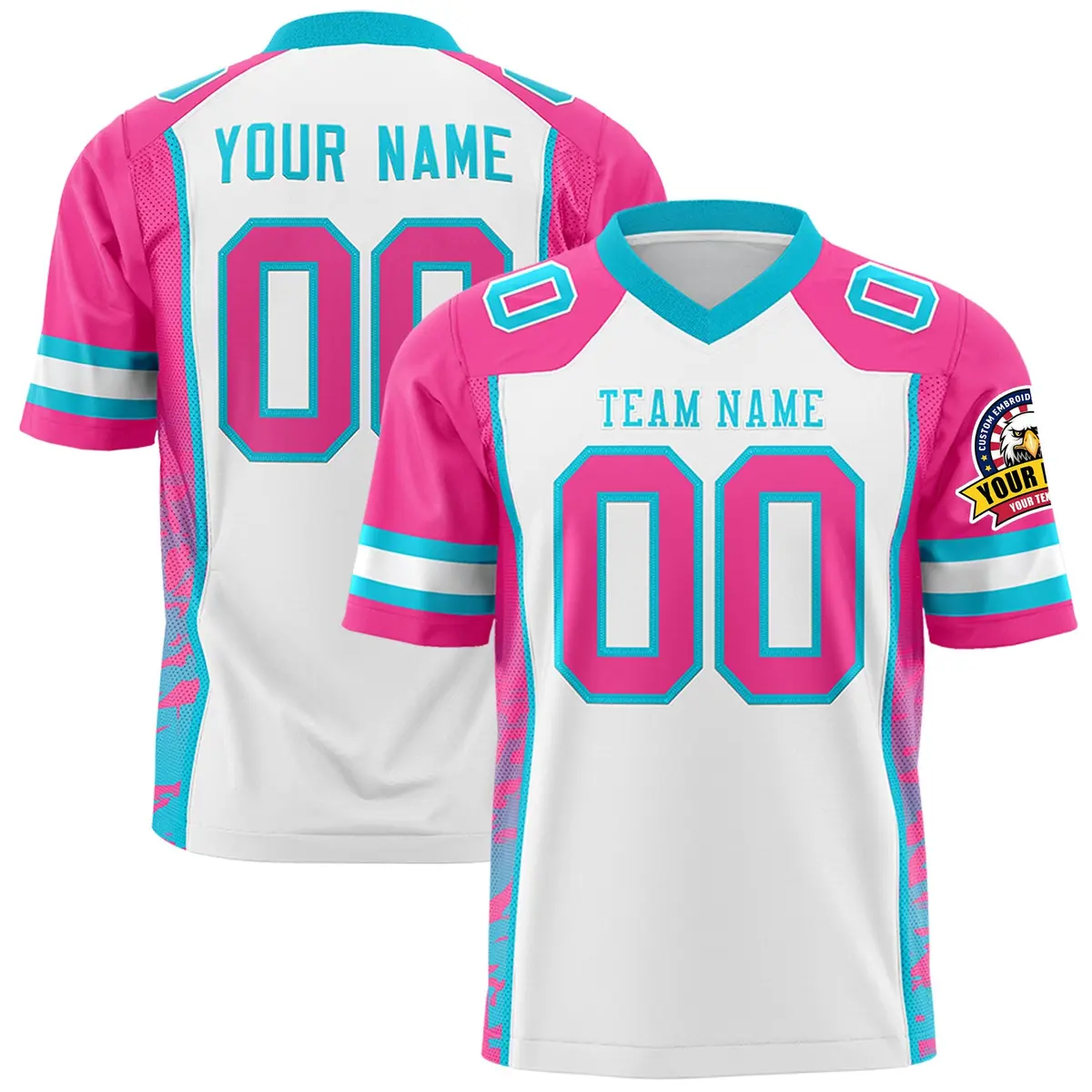 White Pink-Sky Blue Raglan Side Pattern Football Jersey