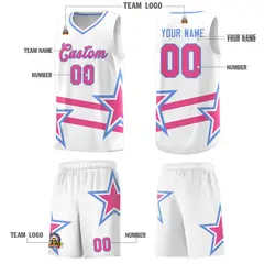 White Pink Star Pattern Double Lines Basketball Kits 5