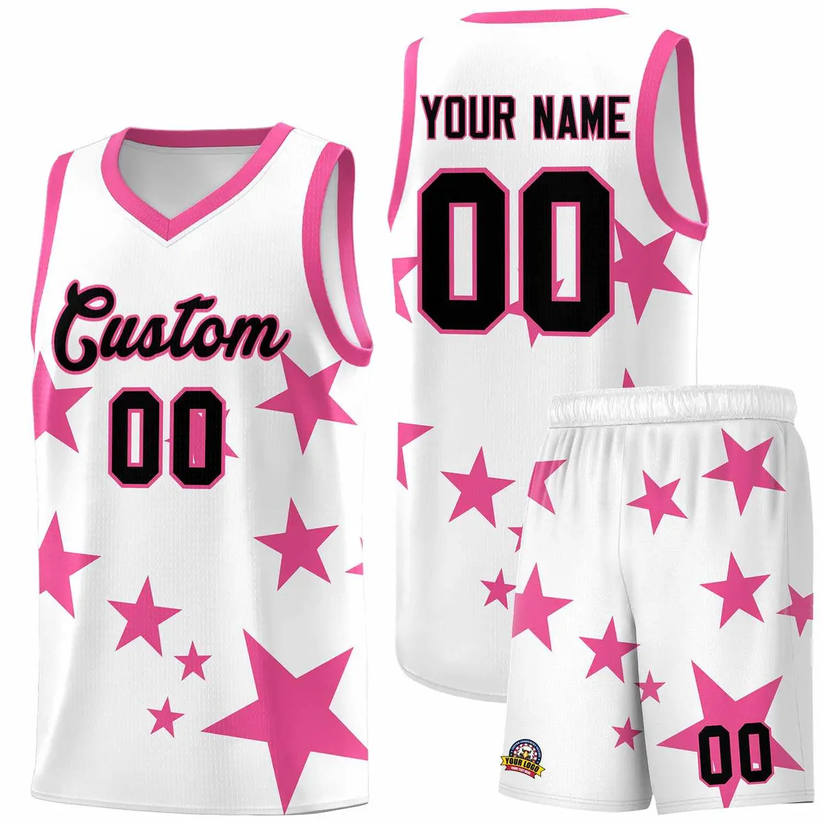 White Pink Star Print Graffiti Basketball Jersey Sets