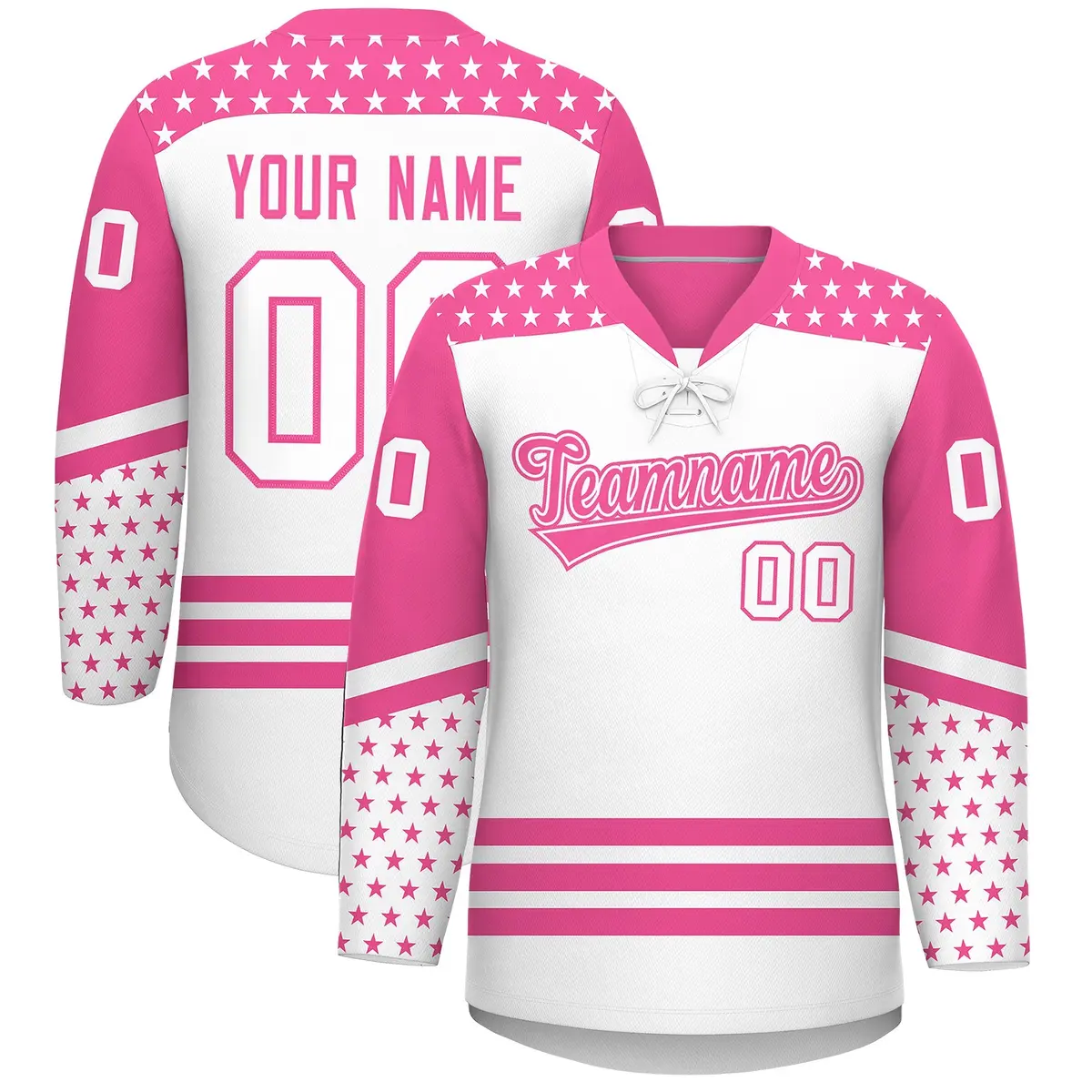White Pink Star Series Lace-Up Neck Hockey Jersey