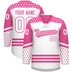 White Pink Star Series Lace-Up Neck Hockey Jersey 1