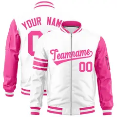 White Pink Stripe Raglan Full-Zip Varsity Letterman Bomber Jacket