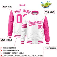 White Pink Stripe Raglan Full-Zip Varsity Letterman Bomber Jacket 2