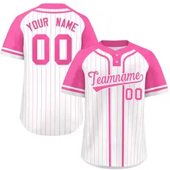 White Pink Stripe Raglan Two-Button Softball Jersey 1