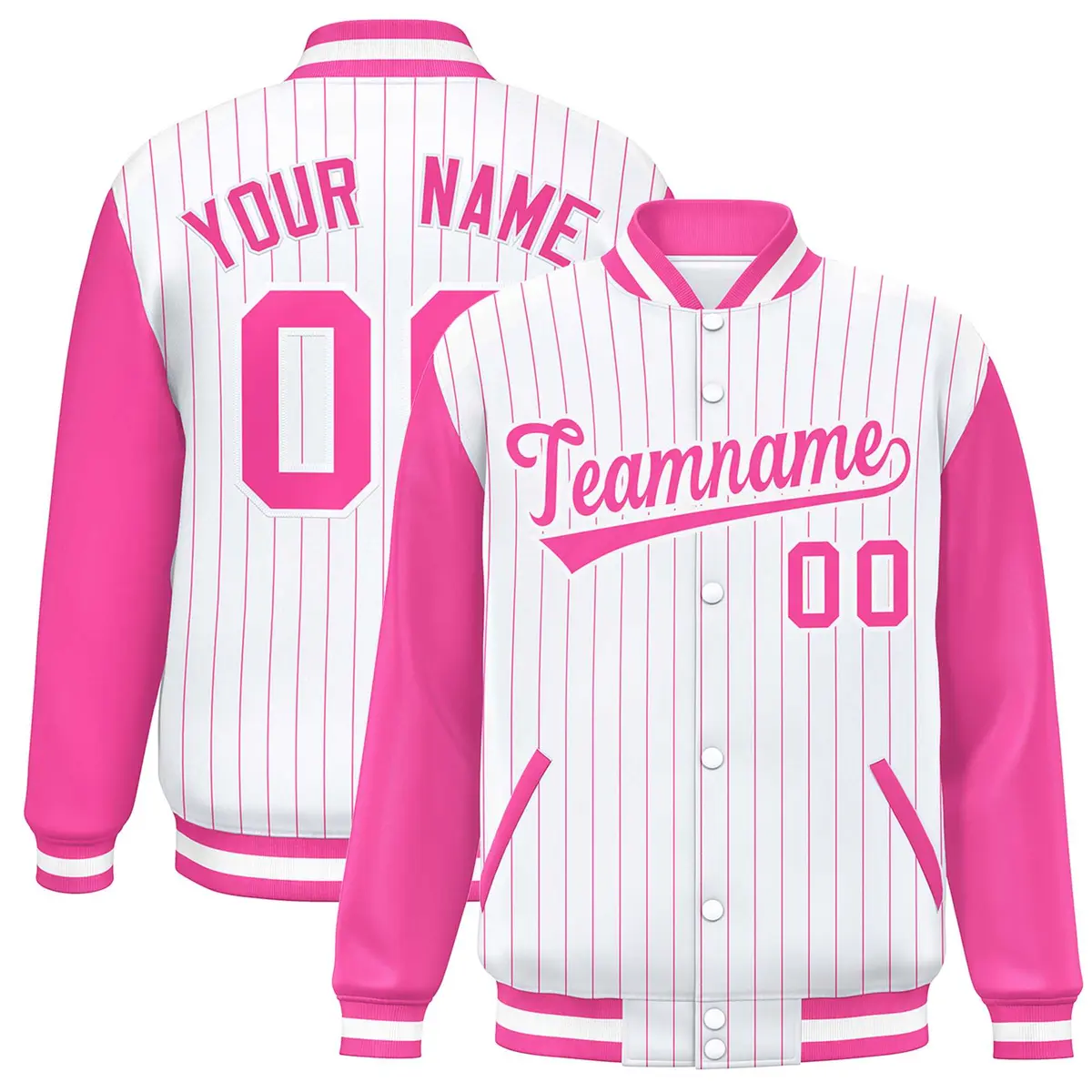 White Pink Stripe Varsity Bomber Jacket with Raglan Sleeves