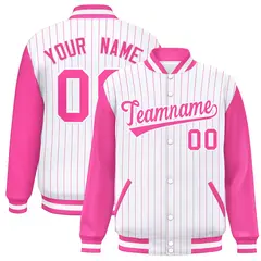 White Pink Stripe Varsity Bomber Jacket with Raglan Sleeves