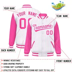 White Pink Stripe Varsity Bomber Jacket with Raglan Sleeves 2