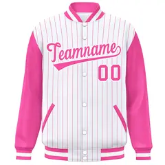 White Pink Stripe Varsity Bomber Jacket with Raglan Sleeves 3