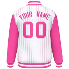 White Pink Stripe Varsity Bomber Jacket with Raglan Sleeves 4