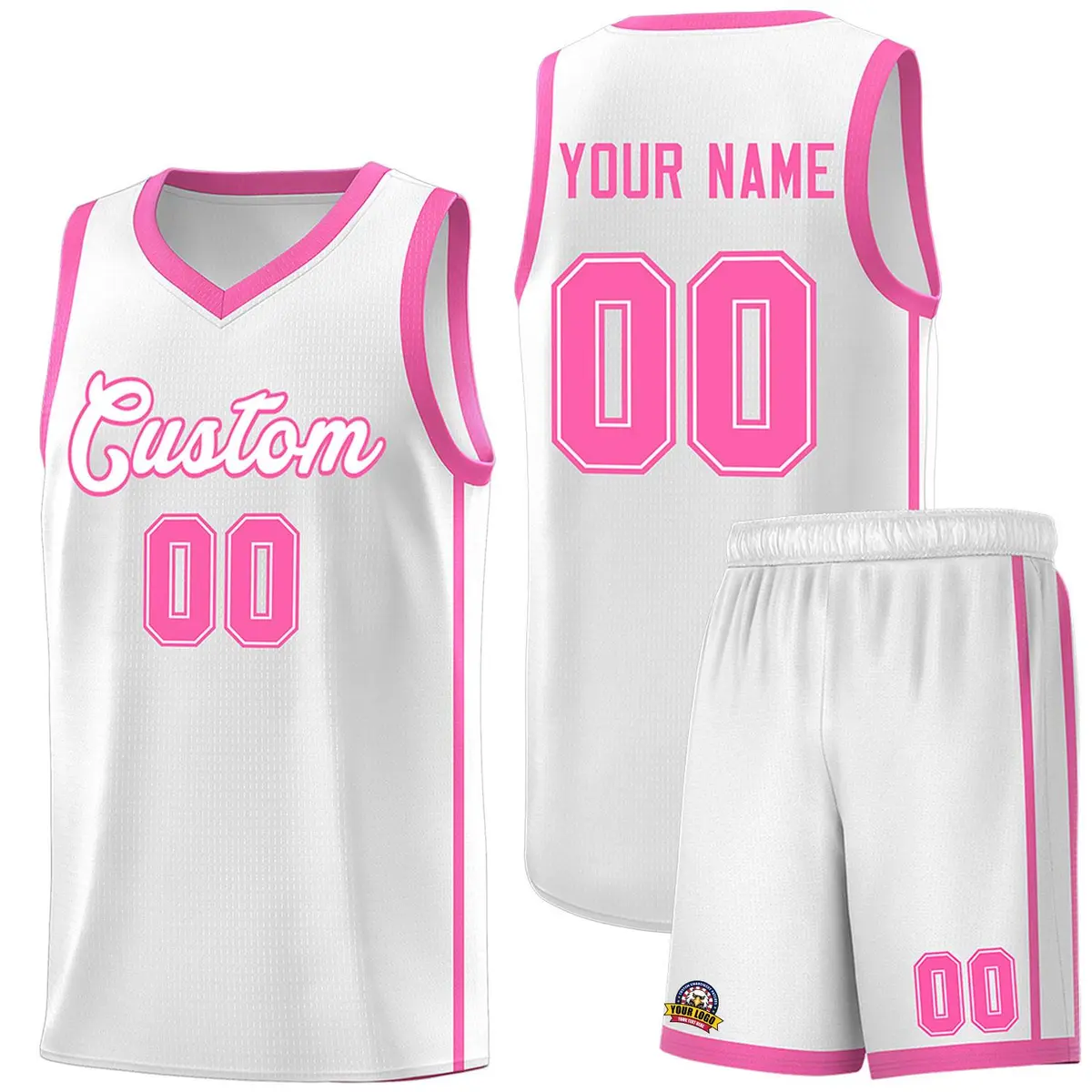 White Pink Two Bars Basketball Uniform Jersey