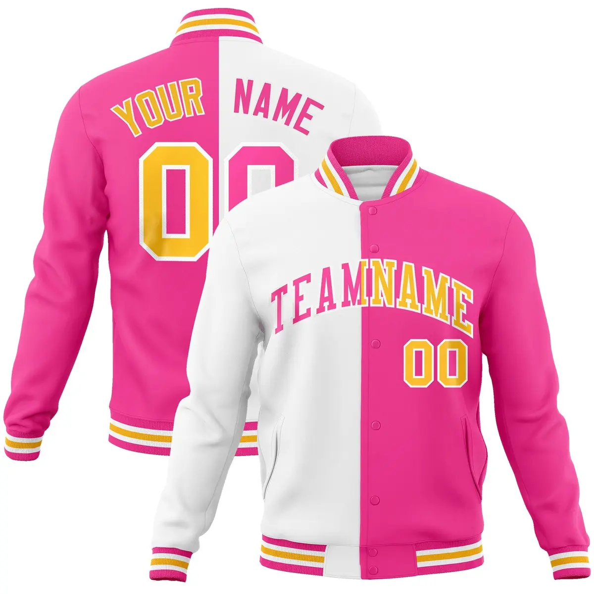 White Pink Two Tone Split Varsity Full-Snap Letterman Jacket