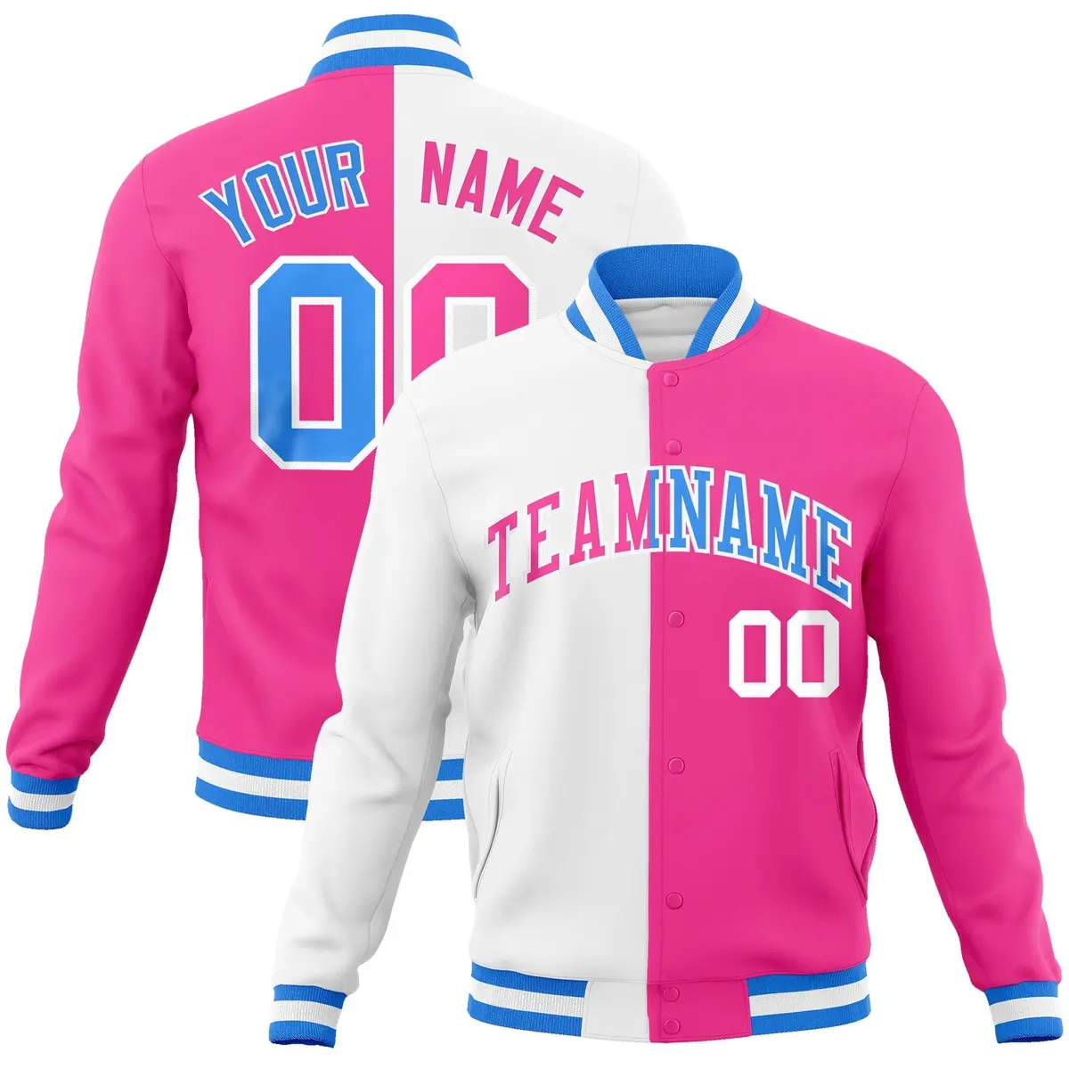 White Pink Two Tone Split Varsity Full-Snap Letterman Jacket