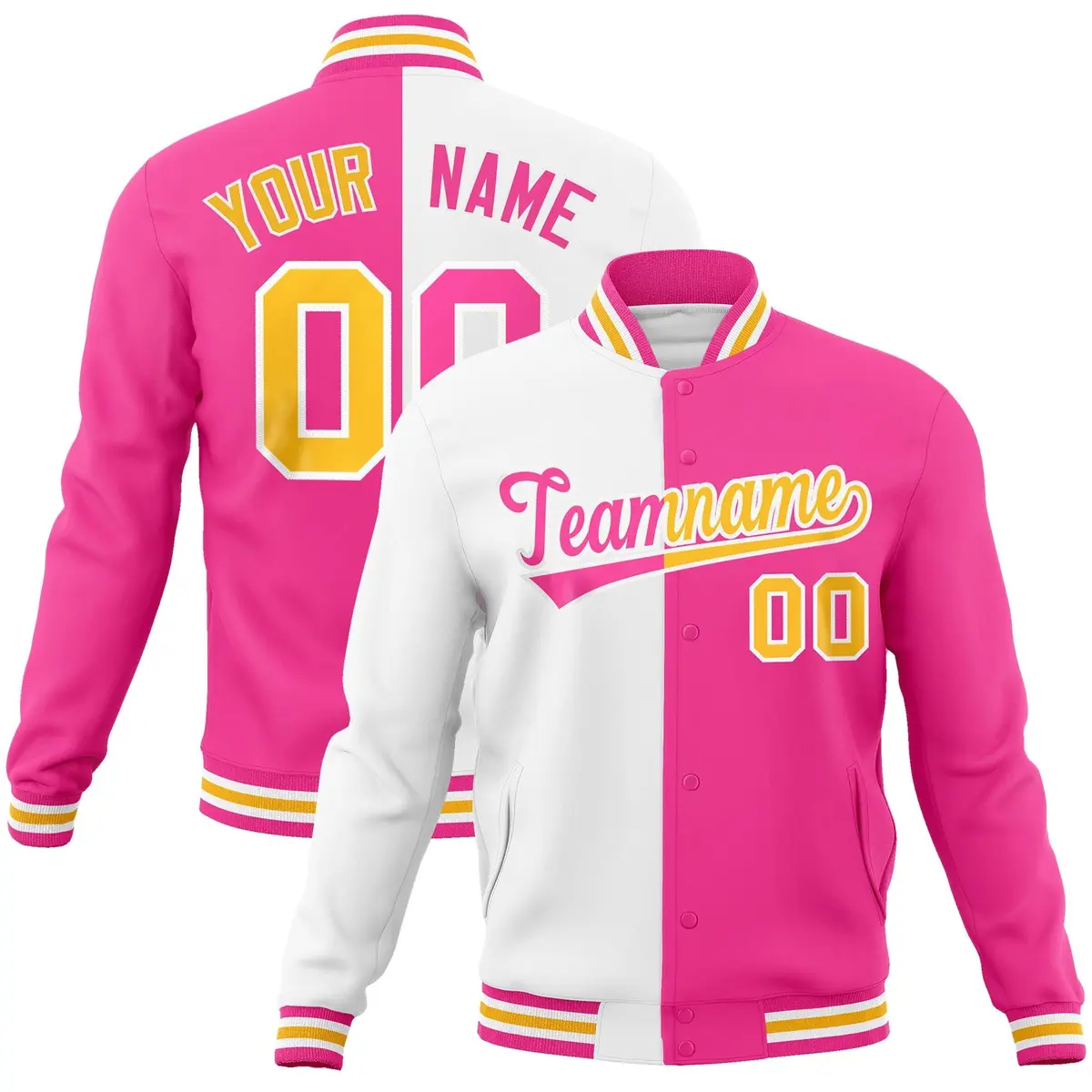 White Pink Two Tone Split Varsity Full-Snap Letterman Jacket