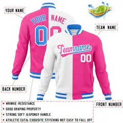 White Pink Two Tone Split Varsity Full-Snap Letterman Jacket 4
