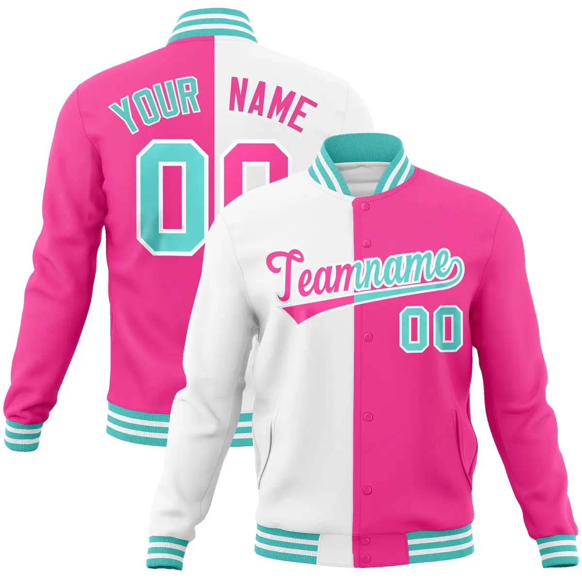 White Pink Two Tone Split Varsity Full-Snap Letterman Jacket
