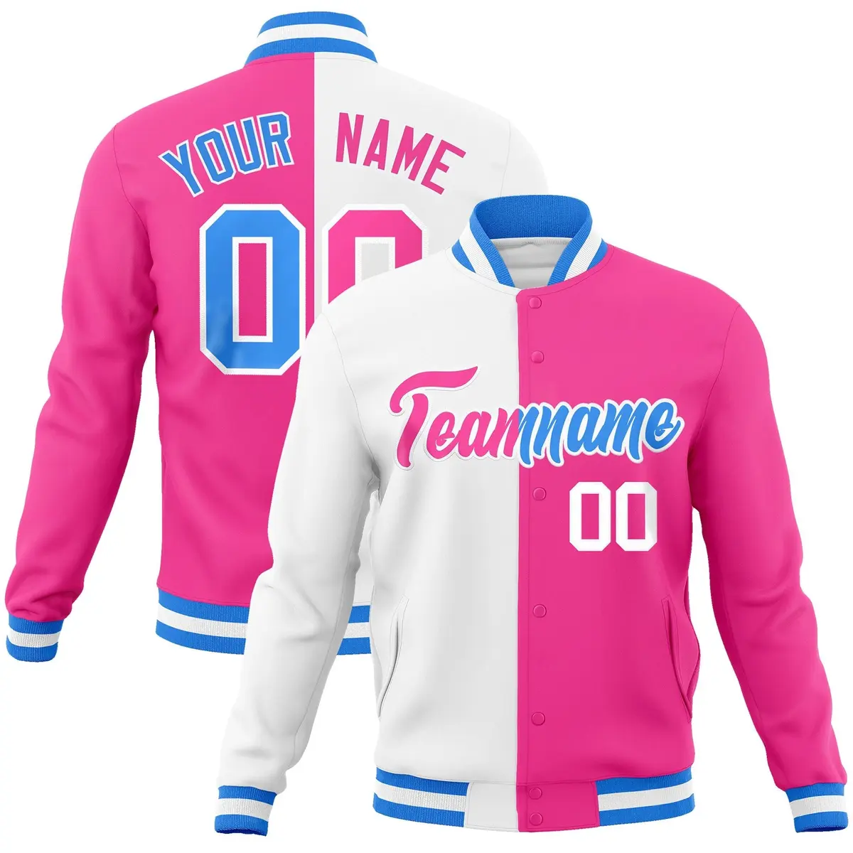 White Pink Two Tone Split Varsity Full-Snap Letterman Jacket